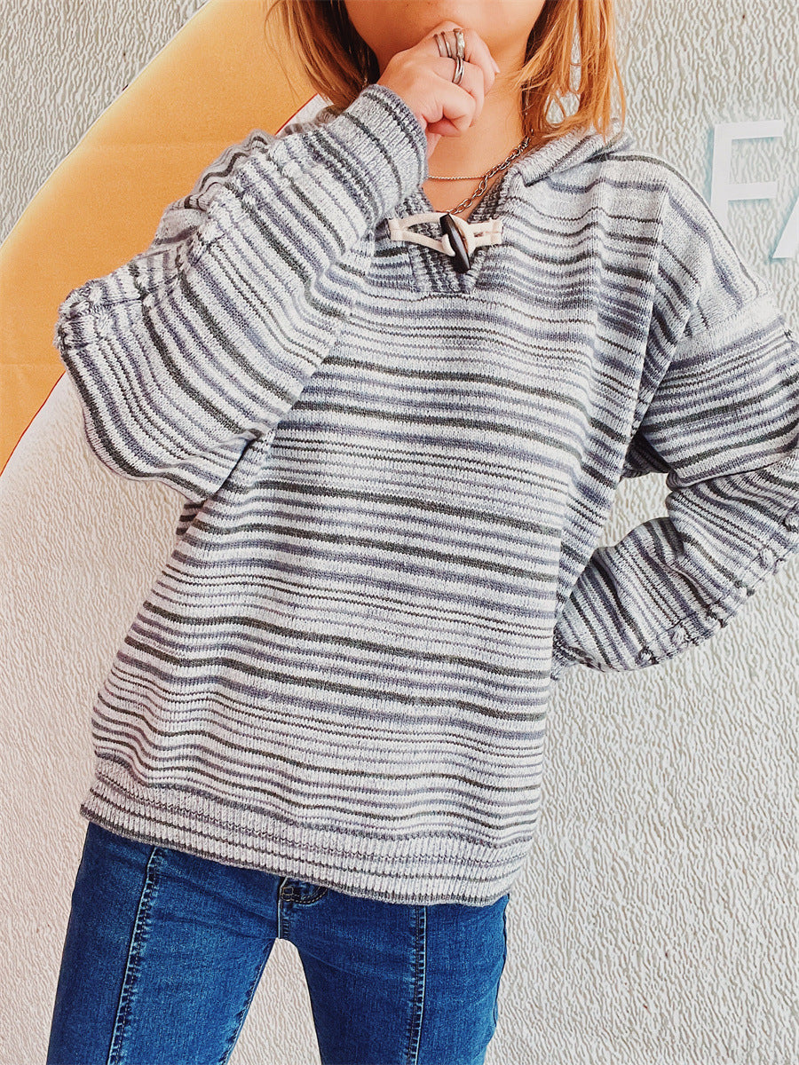 Striped Long Sleeve Hooded Sweater-TOPS / DRESSES-[Adult]-[Female]-2022 Online Blue Zone Planet