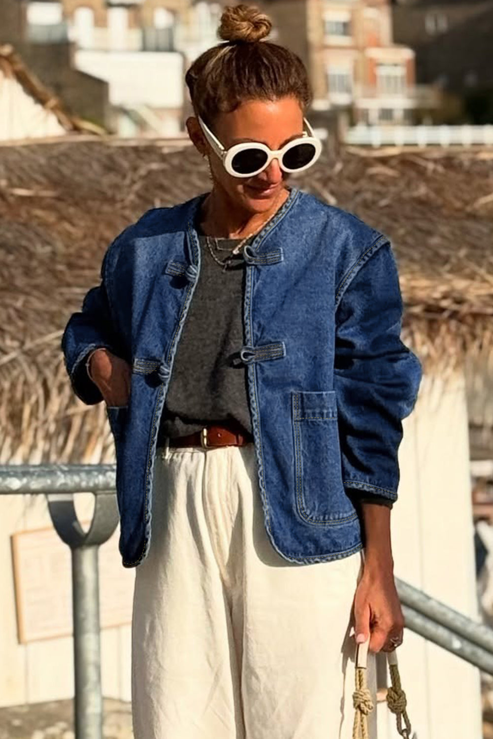 Sail Blue Vintage Fastening Big Patched Pockets Straight Cut Deep Wash Denim Jacket-Outerwear/Denim jackets-[Adult]-[Female]-2022 Online Blue Zone Planet