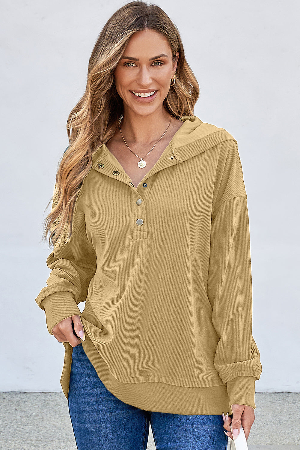 Simply Taupe Solid Ribbed Knit Buttoned Drop Shoulder Oversized Hoodie-Tops/Sweatshirts & Hoodies-[Adult]-[Female]-Simply Taupe-S-2022 Online Blue Zone Planet