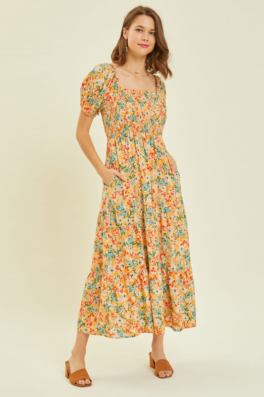 HEYSON Full Size Floral Smocked Tiered Midi Dress-TOPS / DRESSES-[Adult]-[Female]-Peach Multi-S-2022 Online Blue Zone Planet