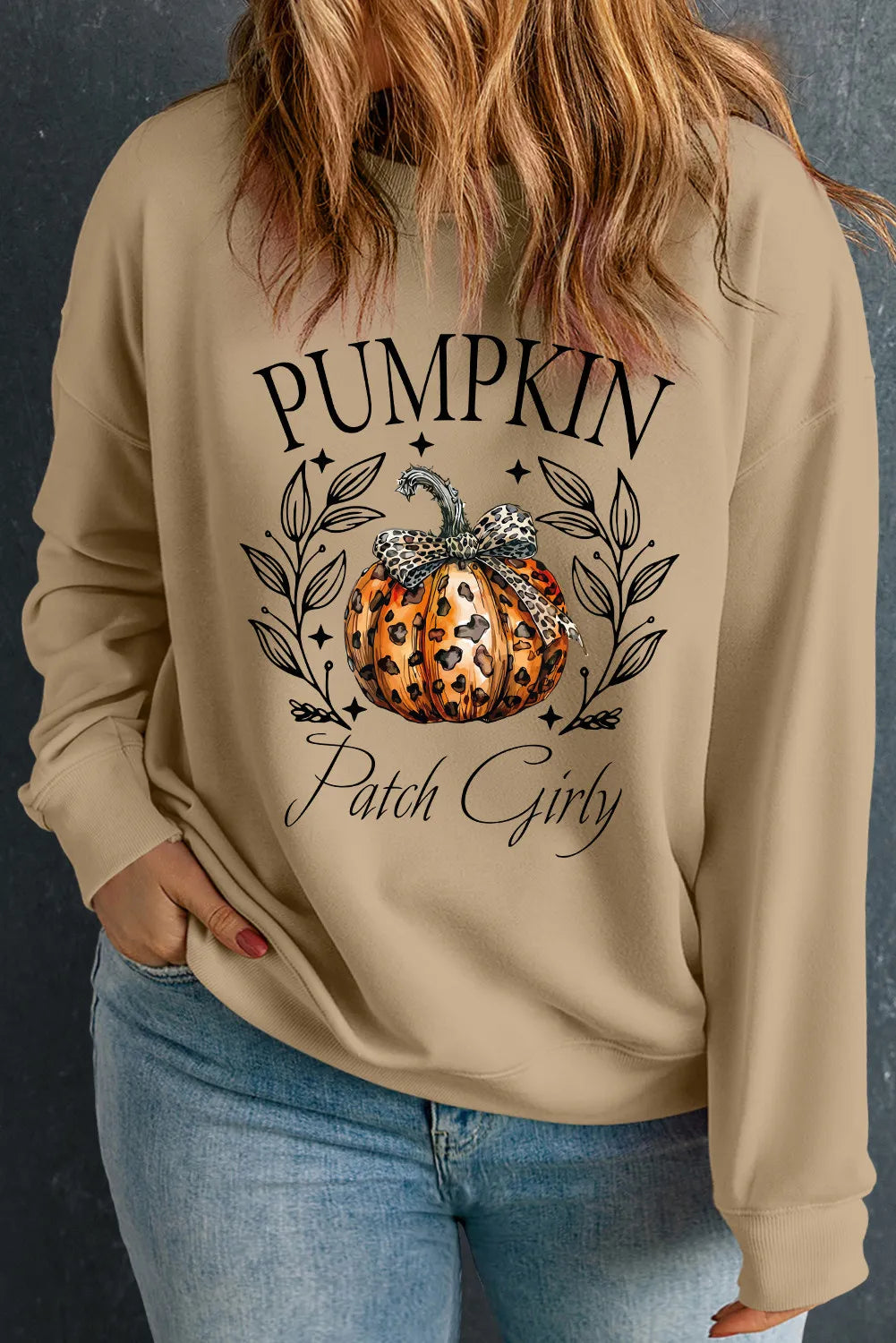 Plus Size Pumpkin Graphic Long Sleeve Sweatshirt-TOPS / DRESSES-[Adult]-[Female]-Khaki-1XL-2022 Online Blue Zone Planet