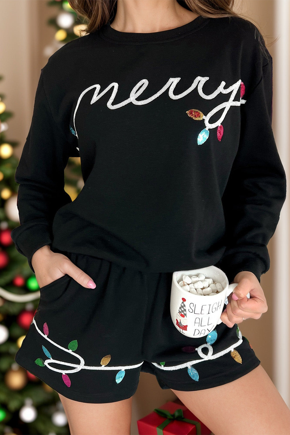 MERRY Sequin Round Neck Long Sleeve Top and Shorts Set-TOPS / DRESSES-[Adult]-[Female]-Black-S-2022 Online Blue Zone Planet