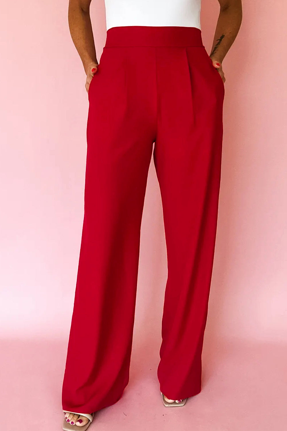 Fiery Red Pleated Detail Pull On High Elastic Waist Loose Straight Pants-Bottoms/Pants & Culotte-[Adult]-[Female]-2022 Online Blue Zone Planet