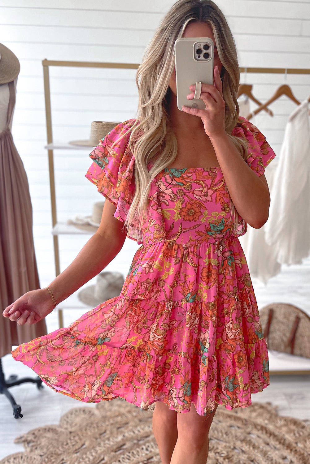 Pink Floral Square Neck Ruffle Sleeve Tiered Dress-Dresses/Floral Dresses-[Adult]-[Female]-2022 Online Blue Zone Planet