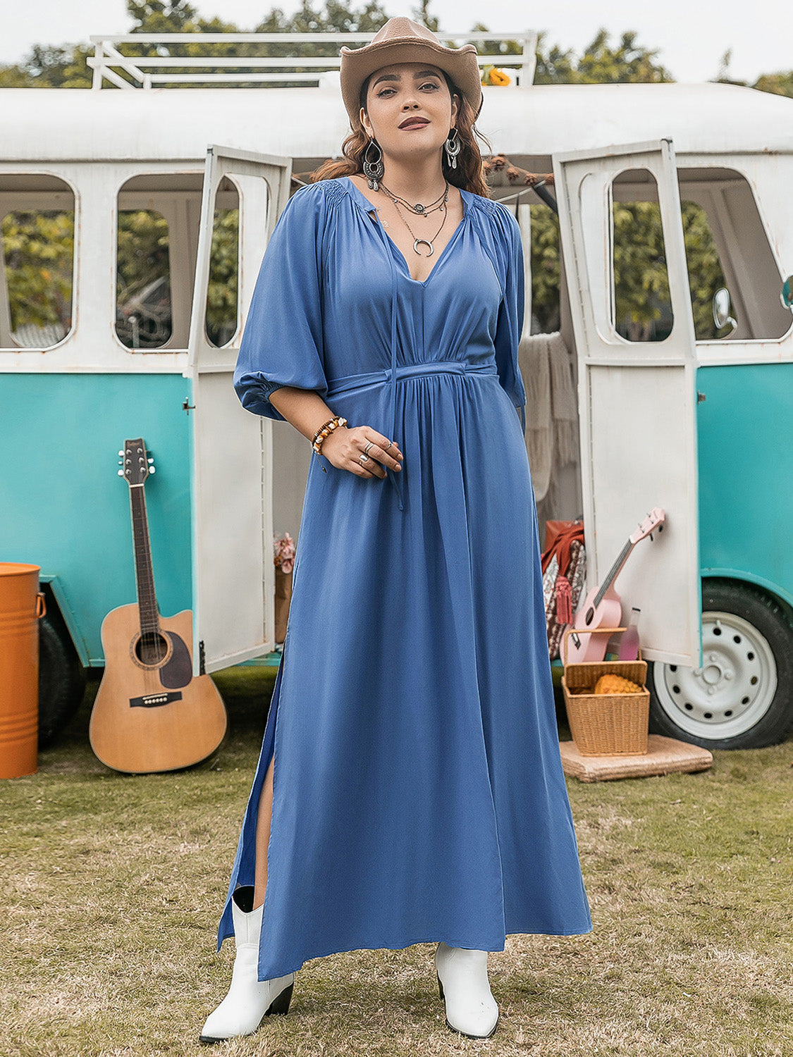 Blue Zone Planet | Plus Size Ruched Slit Three-Quarter Sleeve Midi Dress-TOPS / DRESSES-[Adult]-[Female]-2022 Online Blue Zone Planet