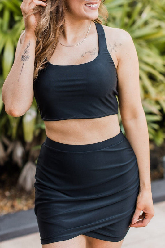 Black Plain Crossover Bikini Tank and Skort Swimwear-Bikini Sets-[Adult]-[Female]-Black-S-2022 Online Blue Zone Planet