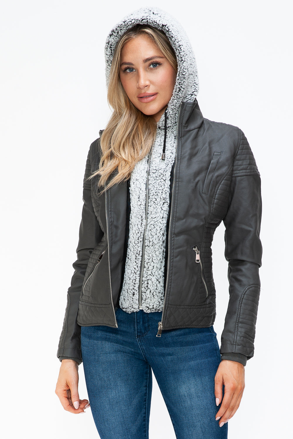 Blue Zone Planet | YMI Faux Layered Double-Zipper Jacket with Fuzzy Hood-TOPS / DRESSES-[Adult]-[Female]-Charcoal-S-2022 Online Blue Zone Planet