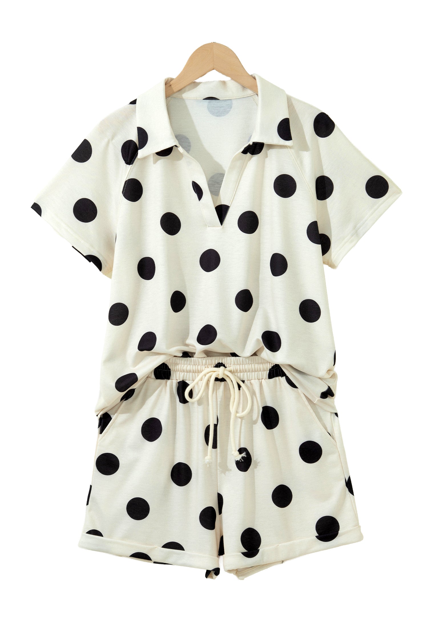 Beige Polka Dot Print V Neck Tee Short Set-Two Piece Sets/Short Sets-[Adult]-[Female]-2022 Online Blue Zone Planet