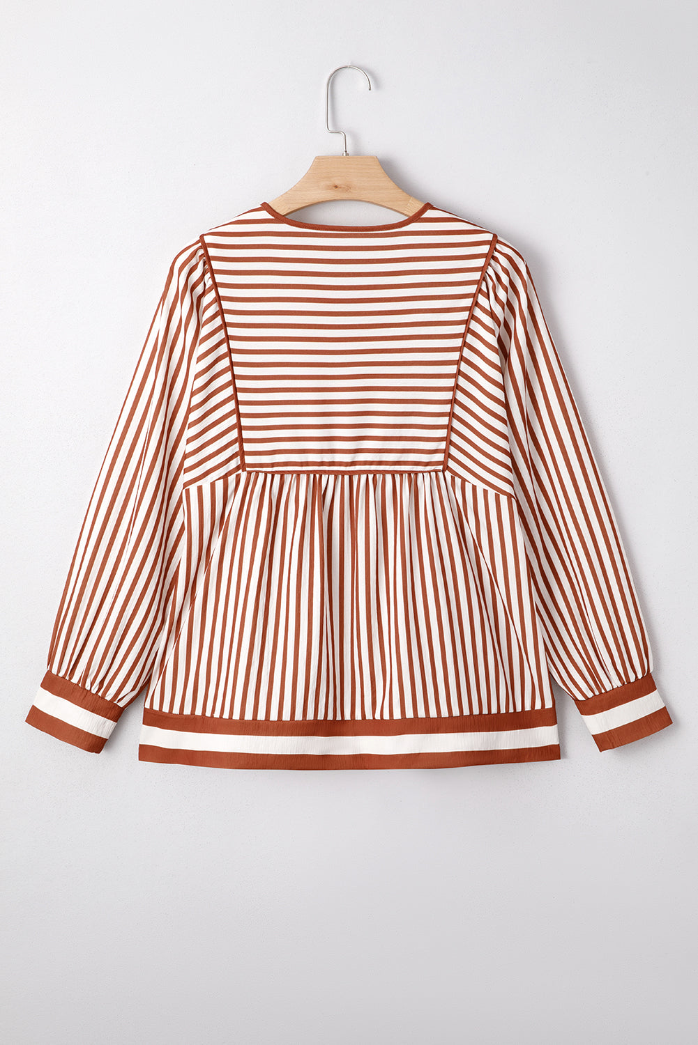 Brown Stripe Babydoll Long Sleeve Blouse-Tops/Blouses & Shirts-[Adult]-[Female]-2022 Online Blue Zone Planet