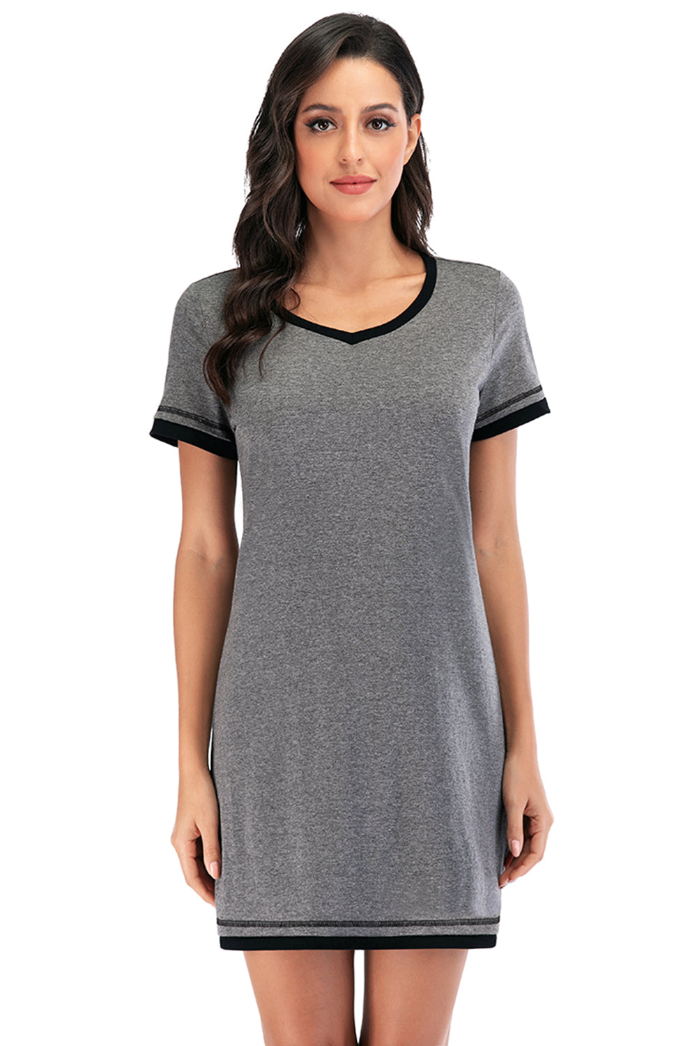 Blue Zone Planet | Contrast Trim Short Sleeve Lounge Dress-TOPS / DRESSES-[Adult]-[Female]-2022 Online Blue Zone Planet