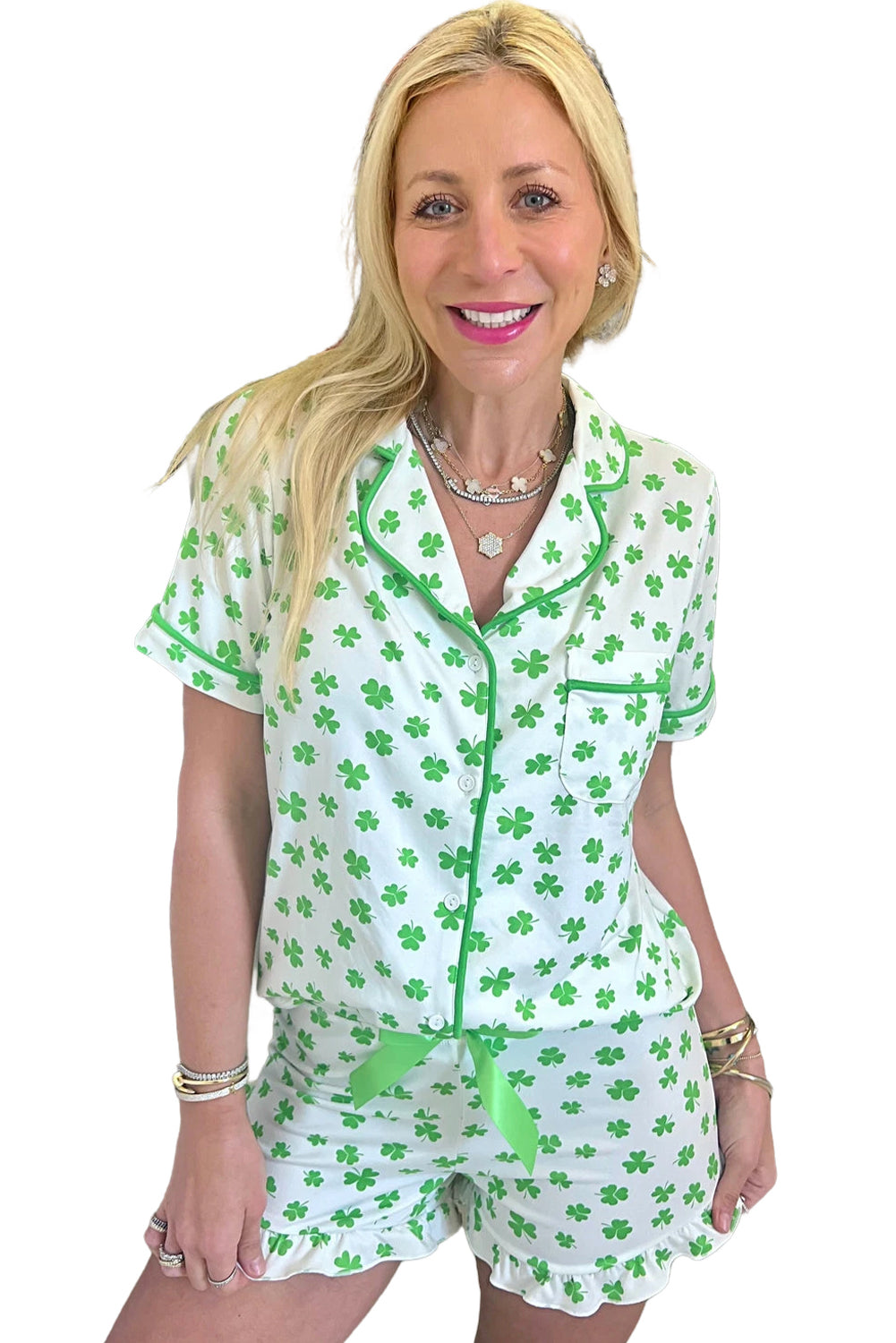 Green St Patricks Day Clover Print Shirt and Ruffle Hem Shorts Pajama Set-Loungewear Set-[Adult]-[Female]-2022 Online Blue Zone Planet