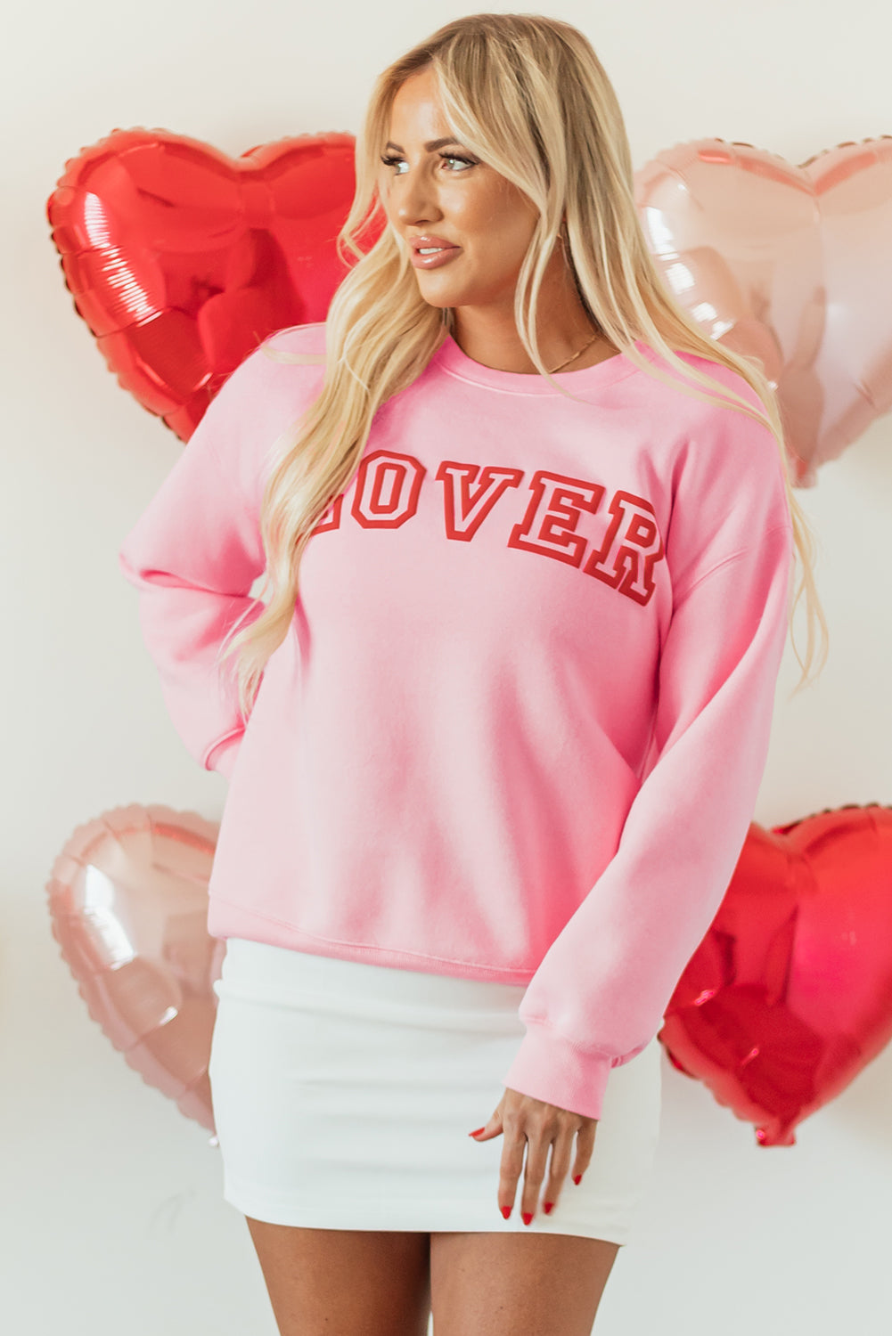 Pink LOVER Puff Print Drop Shoulder Pullover Sweatshirt-Graphic/Graphic Sweatshirts-[Adult]-[Female]-2022 Online Blue Zone Planet