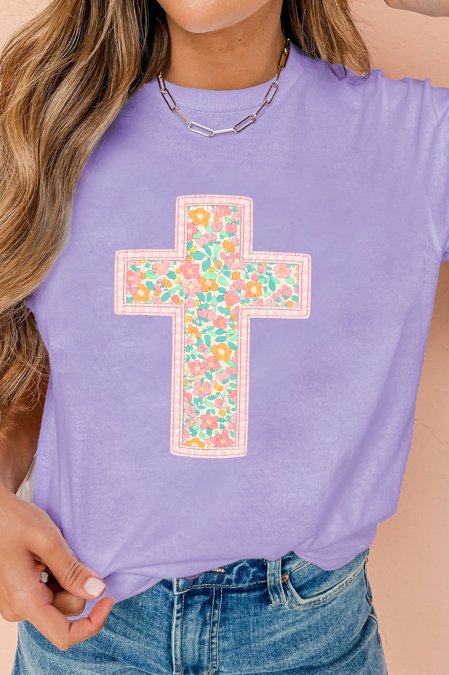Wisteria Easter Floral Cross Christian Casual Tee-Graphic/Graphic Tees-[Adult]-[Female]-2022 Online Blue Zone Planet