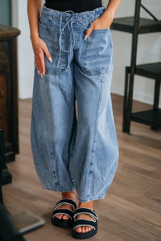 Myosotis Large Patch Pocket Drawstring Paperbag Waist Barrel Jeans-Bottoms/Jeans-[Adult]-[Female]-2022 Online Blue Zone Planet