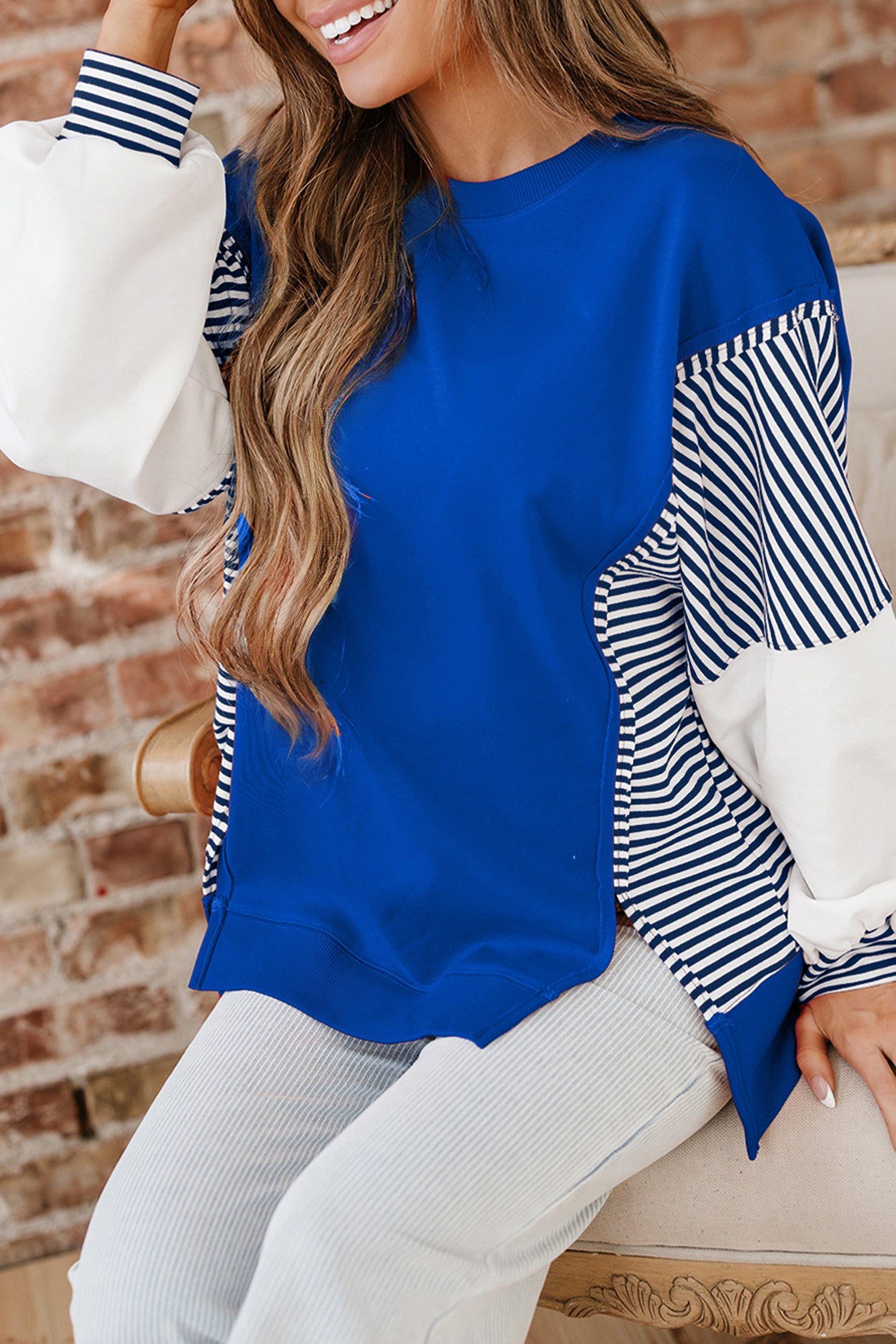 Dark Blue Striped Patchwork Sleeve Colorblock Sweatshirt-Tops/Sweatshirts & Hoodies-[Adult]-[Female]-2022 Online Blue Zone Planet