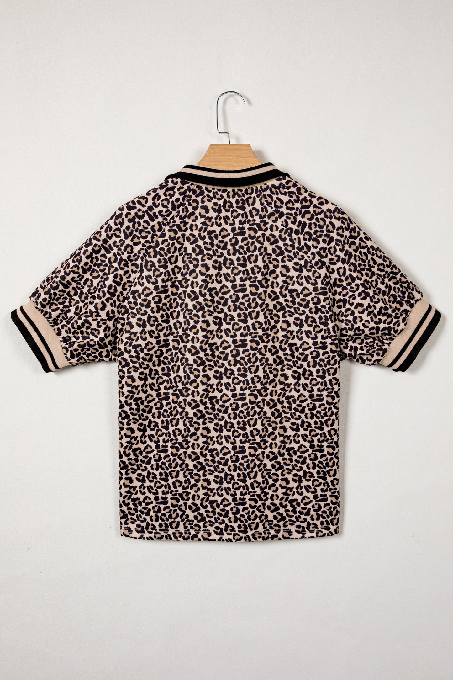 Brown Leopard Print Half Zip Striped Trim Patchwork Short Sleeve Top-Tops/Blouses & Shirts-[Adult]-[Female]-2022 Online Blue Zone Planet