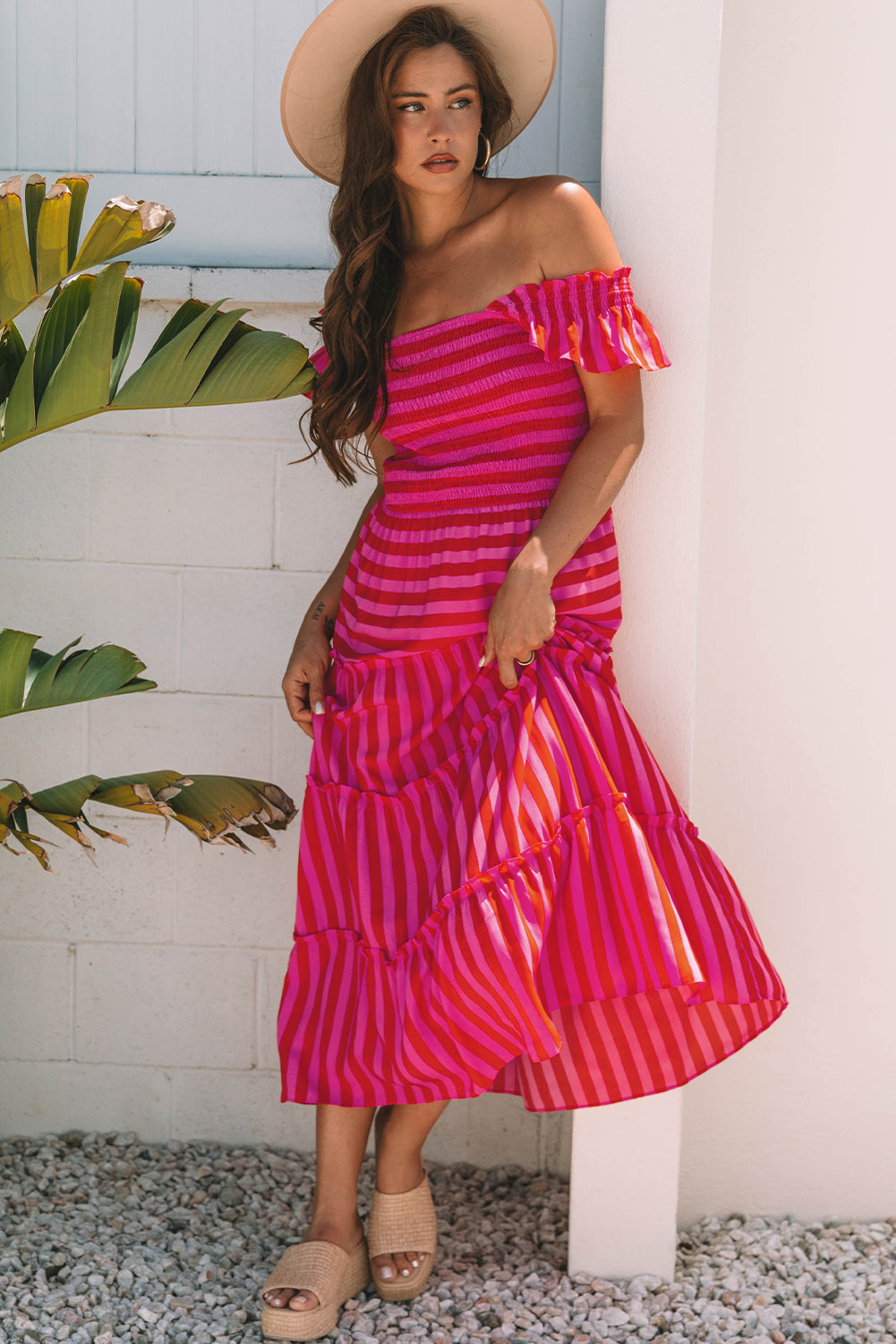Rose Stripe Flutter Sleeve Smocked Bodice Tiered Maxi Dress-TOPS / DRESSES-[Adult]-[Female]-2022 Online Blue Zone Planet