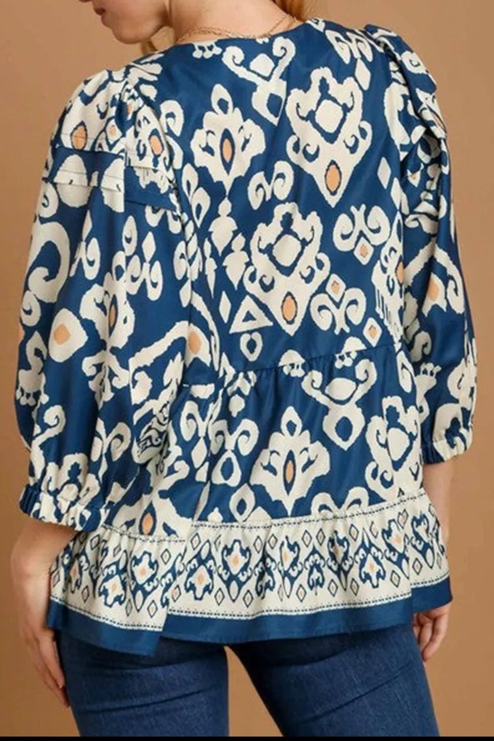 Printed V-Neck Three-Quarter Sleeve Blouse-TOPS / DRESSES-[Adult]-[Female]-2022 Online Blue Zone Planet