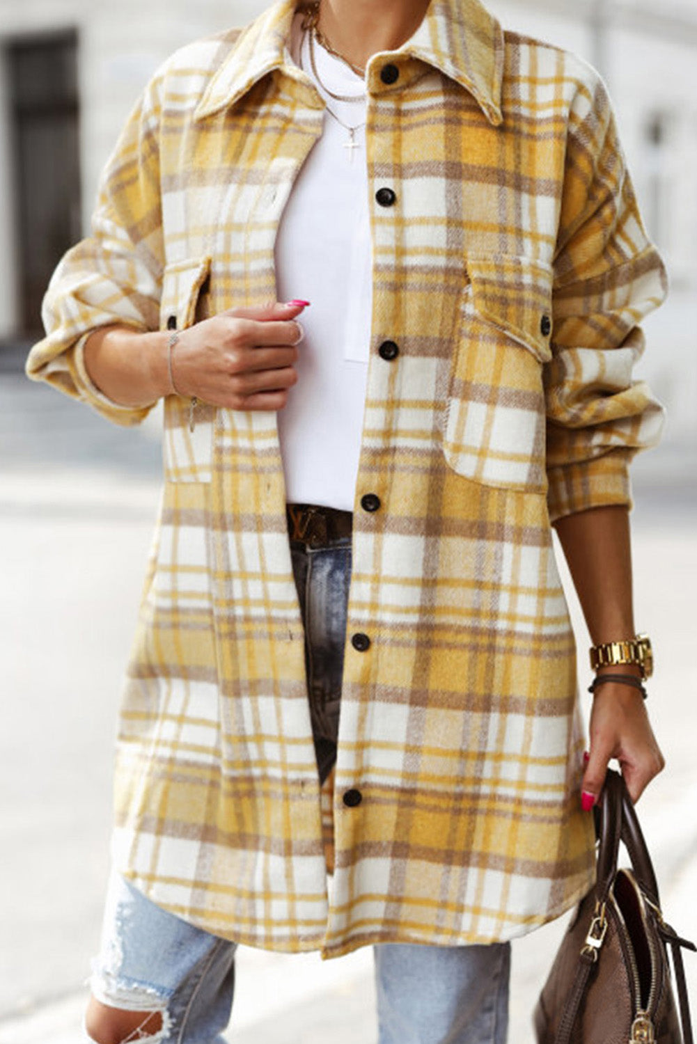 Plaid Flap Pocket Long Sleeve Shacket-Outerwear/Plaid Shackets-[Adult]-[Female]-Yellow-S-2022 Online Blue Zone Planet