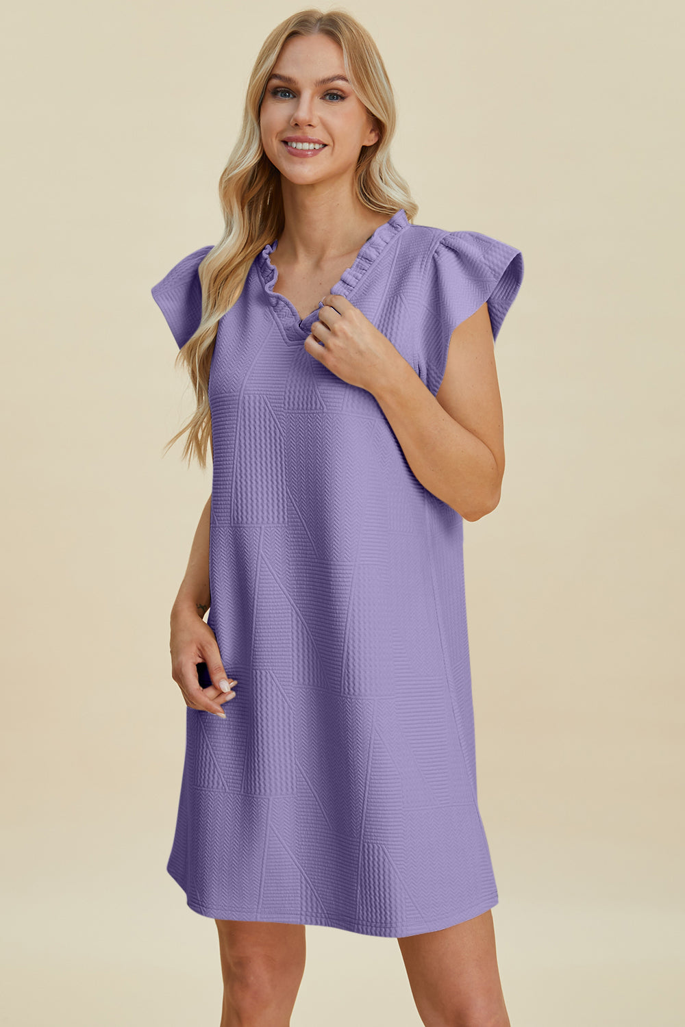 Double Take Full Size Ruffled V-Neck Cap Sleeve Dress-TOPS / DRESSES-[Adult]-[Female]-Lavender-S-2022 Online Blue Zone Planet