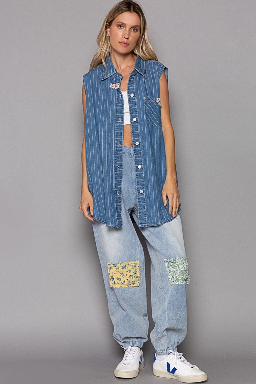 POL Button Down Sleeveless Striped Denim Shirt-TOPS / DRESSES-[Adult]-[Female]-2022 Online Blue Zone Planet