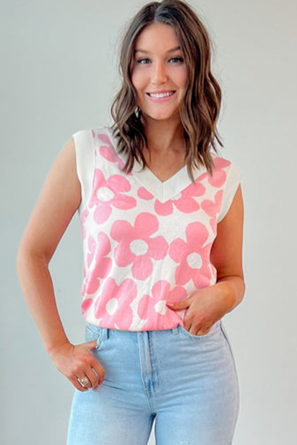 Pink Cute Flower Knitted V Neck Tank Top-Tops/Tank Tops-[Adult]-[Female]-2022 Online Blue Zone Planet