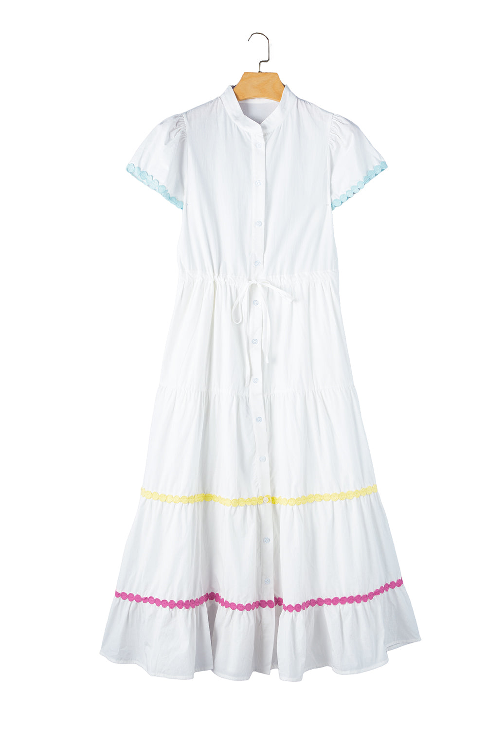 Blue Zone Planet | White Colorblock Rickrack Trim Short Sleeve Drawstring Waist Long Dress-TOPS / DRESSES-[Adult]-[Female]-2022 Online Blue Zone Planet