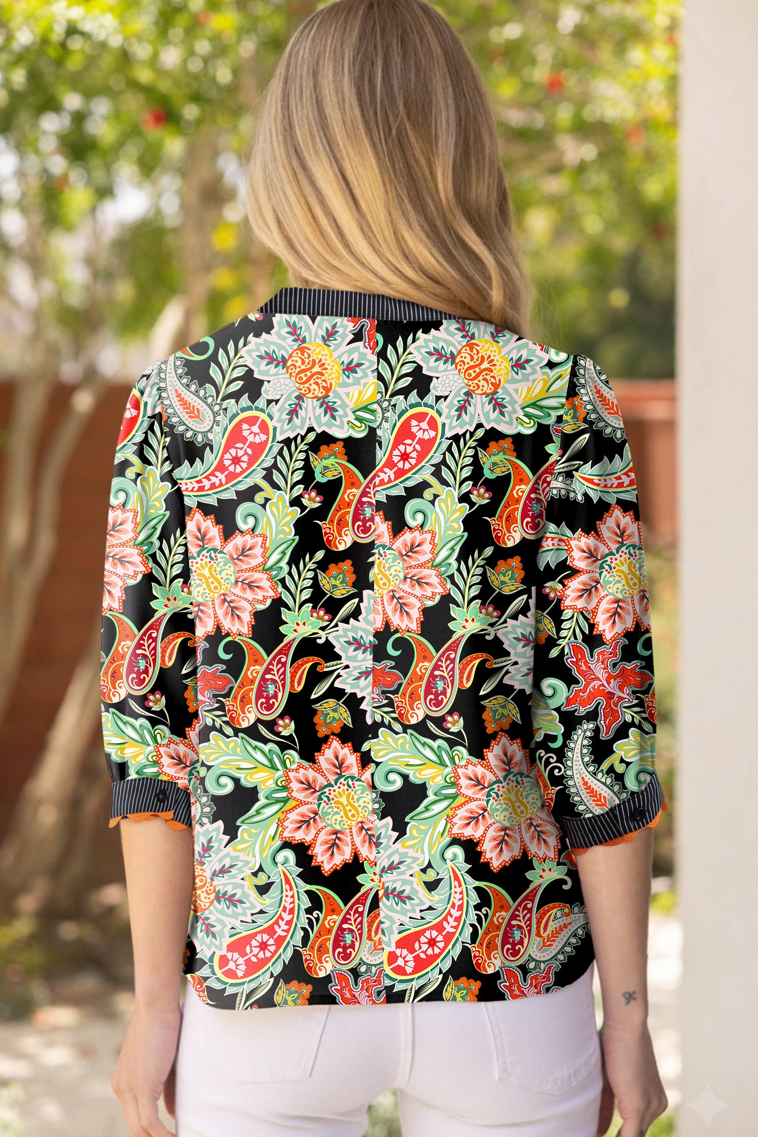 Black Contrast Ricrac Trim Striped Edge Patchwork Floral Print Blouse-Tops/Blouses & Shirts-[Adult]-[Female]-2022 Online Blue Zone Planet