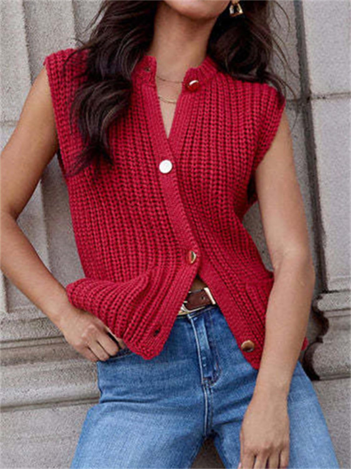 Button Down Sweater Vest with Pockets-TOPS / DRESSES-[Adult]-[Female]-Deep Red-S-2022 Online Blue Zone Planet