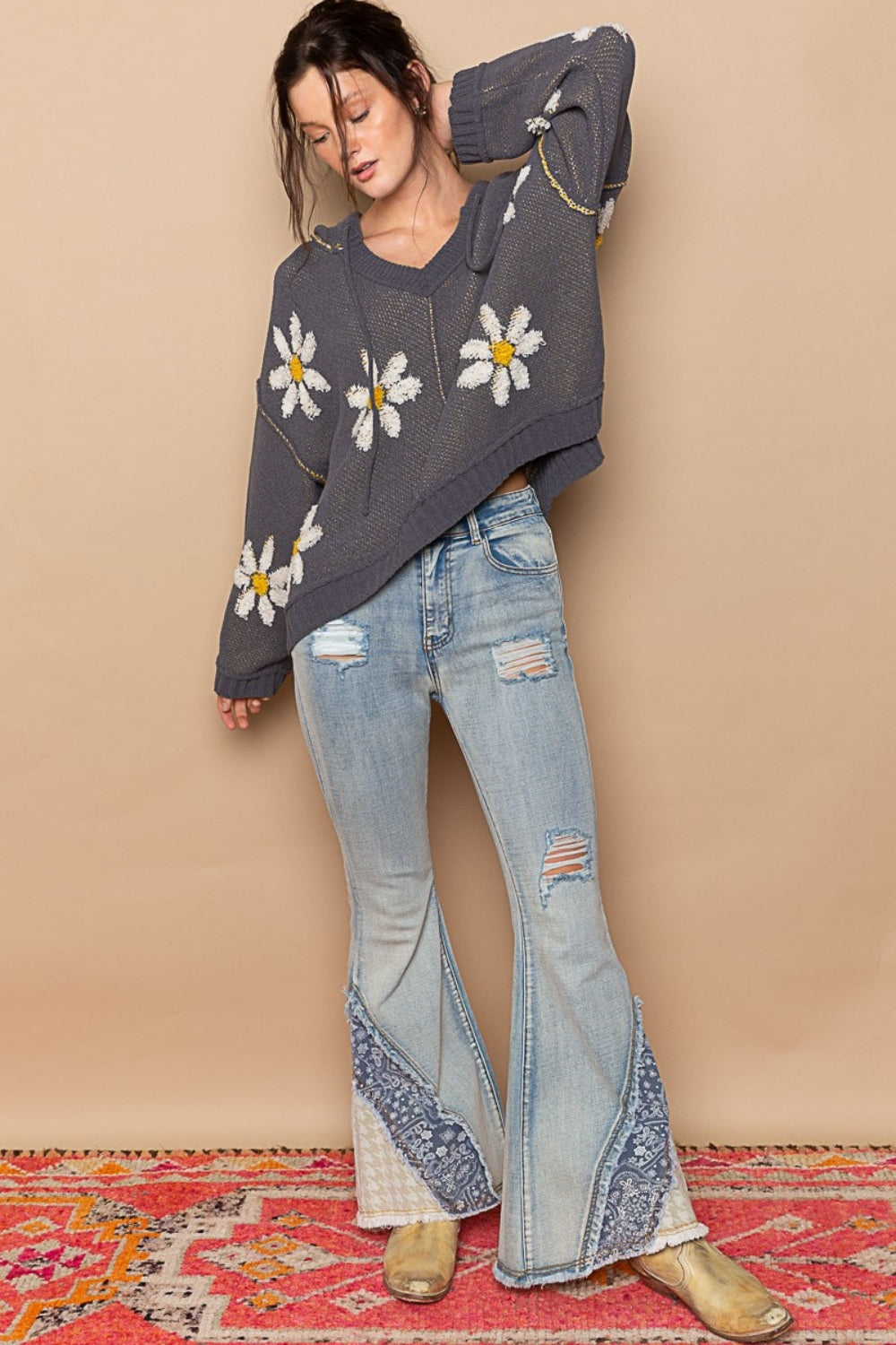 POL Floral Pattern Hooded High-Low Sweater-Tops / Dresses-[Adult]-[Female]-2022 Online Blue Zone Planet