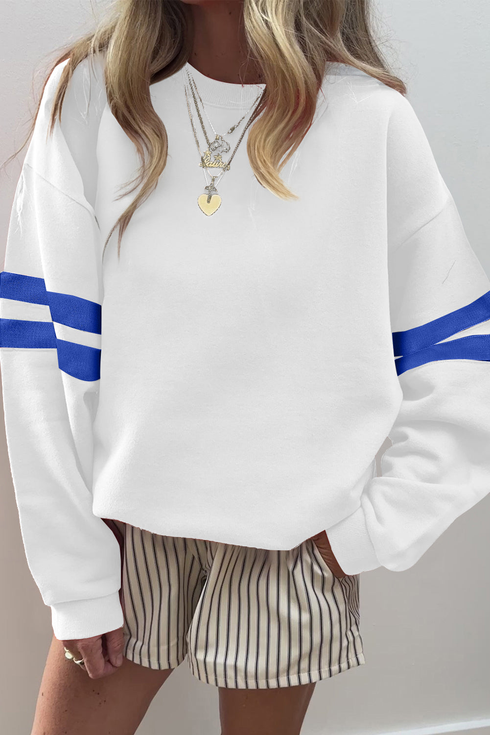 White Varsity Striped Detail Drop Shoulder Oversized Sweatshirt-Tops/Sweatshirts & Hoodies-[Adult]-[Female]-2022 Online Blue Zone Planet