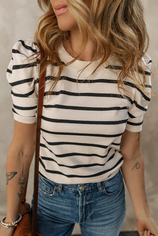 Black Stripe Ribbed Trim Round Neck Bubble Sleeve Knitted Top-Sweaters & Cardigans/Short Sleeve Sweaters-[Adult]-[Female]-Black Stripe-S-2022 Online Blue Zone Planet