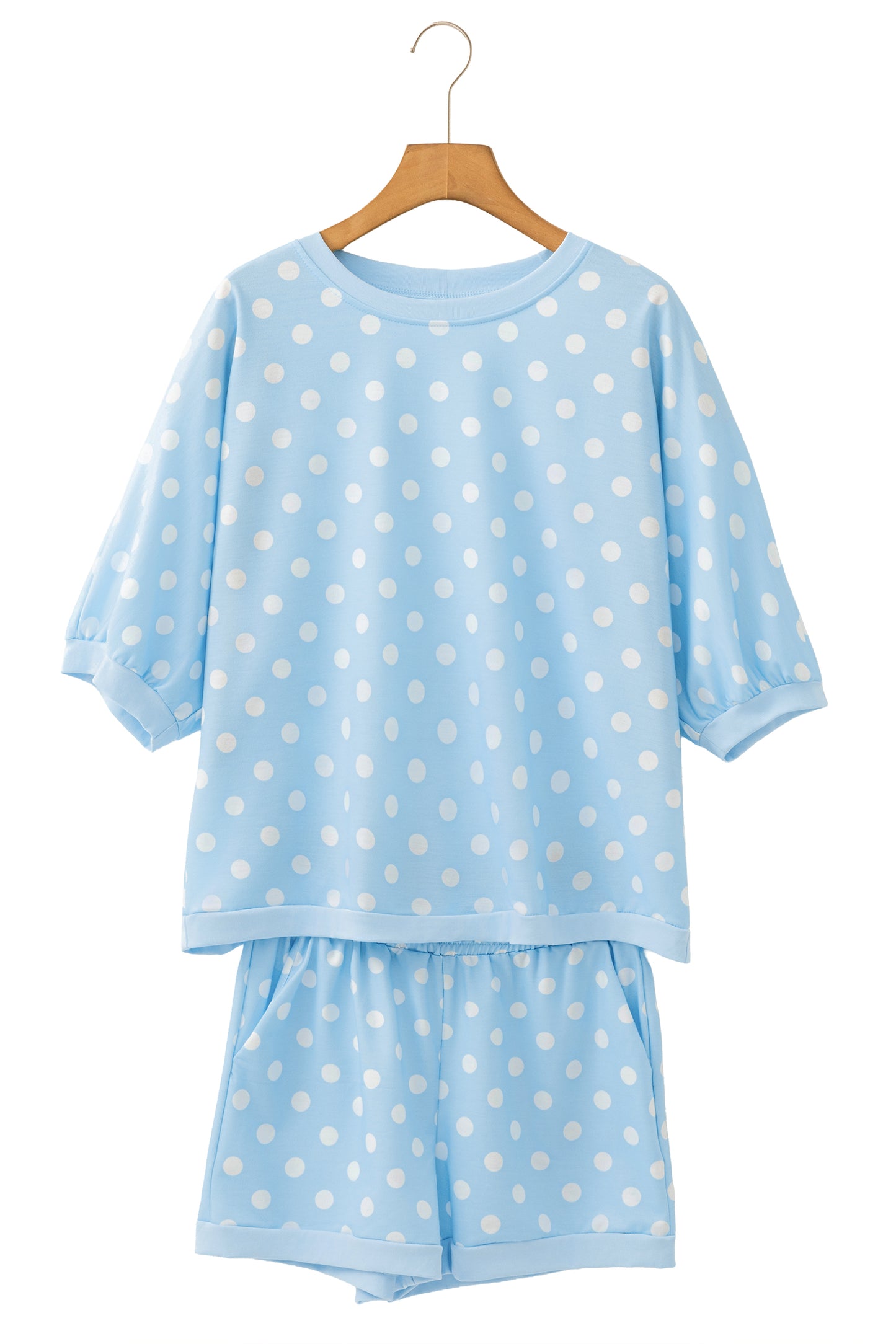 Sky Blue Polka Dot Oversized Top Drawstring Short Set-Two Piece Sets/Short Sets-[Adult]-[Female]-2022 Online Blue Zone Planet
