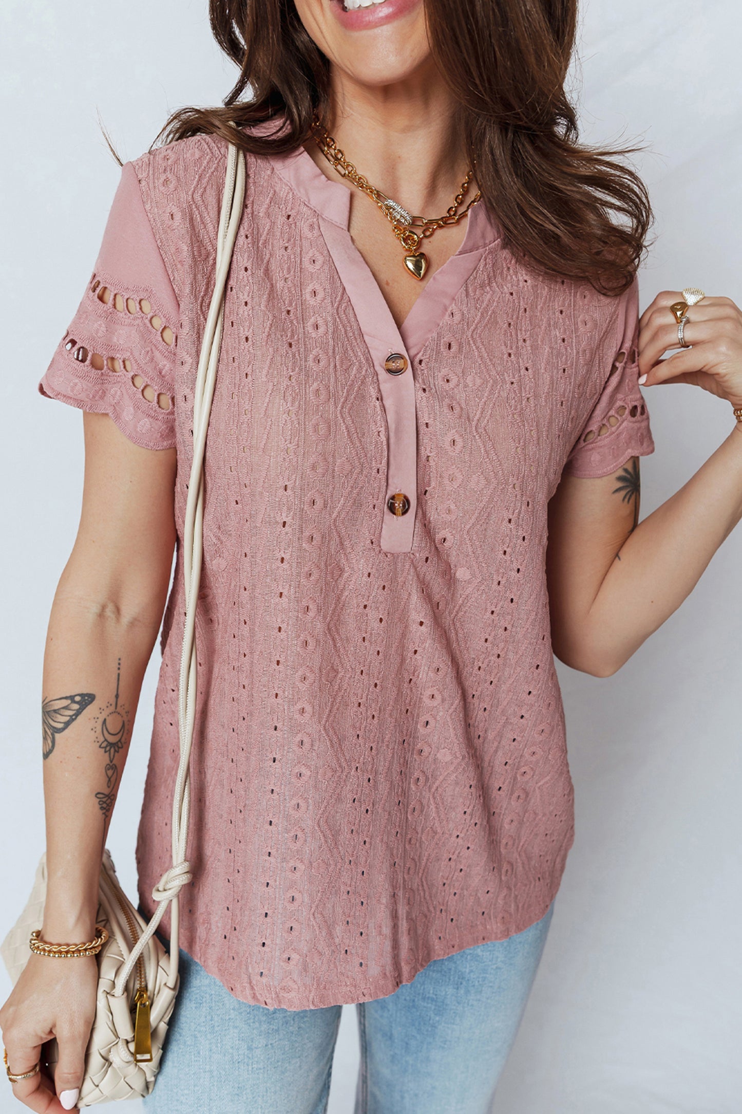 Fushia Textured Embroidered Half Buttons Short Sleeve Blouse-Tops/Blouses & Shirts-[Adult]-[Female]-2022 Online Blue Zone Planet