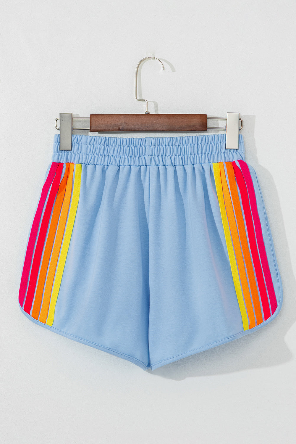 Beau Blue Color Block Stripes Elastic High Waist Active Shorts-Bottoms/Casual Shorts-[Adult]-[Female]-2022 Online Blue Zone Planet