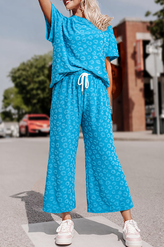 Blue Zone Planet | Blue Leopard Jacquard Short Sleeve Top and Wide Leg Pants Set-Two Piece Sets/Pant Sets-[Adult]-[Female]-Blue-S-2022 Online Blue Zone Planet