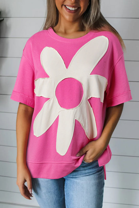 Sachet Pink Contrast Flower Drop Shoulder Loose T Shirt-Tops/Tops & Tees-[Adult]-[Female]-Sachet Pink-S-2022 Online Blue Zone Planet