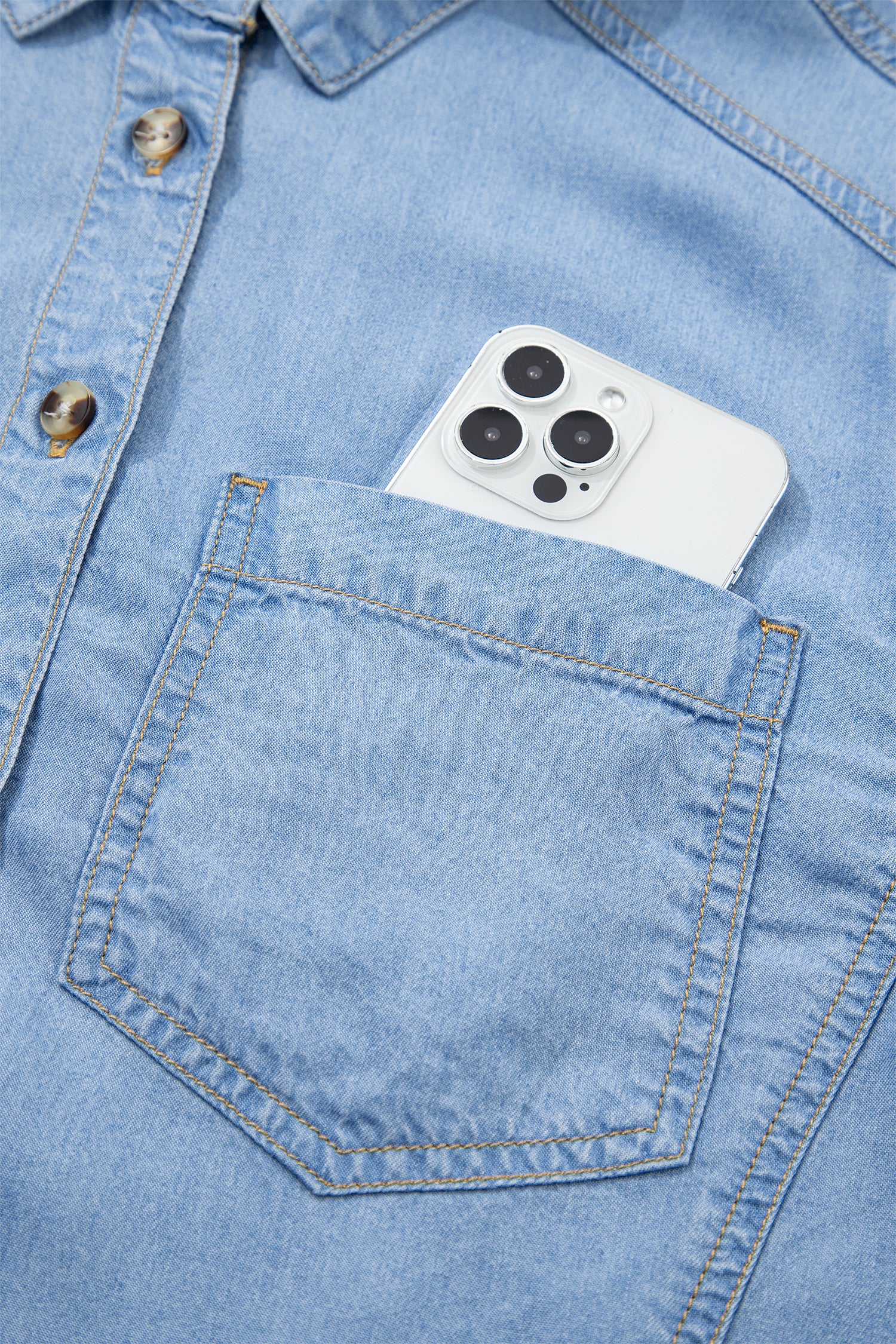 Beau Blue Half Sleeve Button Down Ruffled High Low Chambray Shirt-Tops/Blouses & Shirts-[Adult]-[Female]-2022 Online Blue Zone Planet