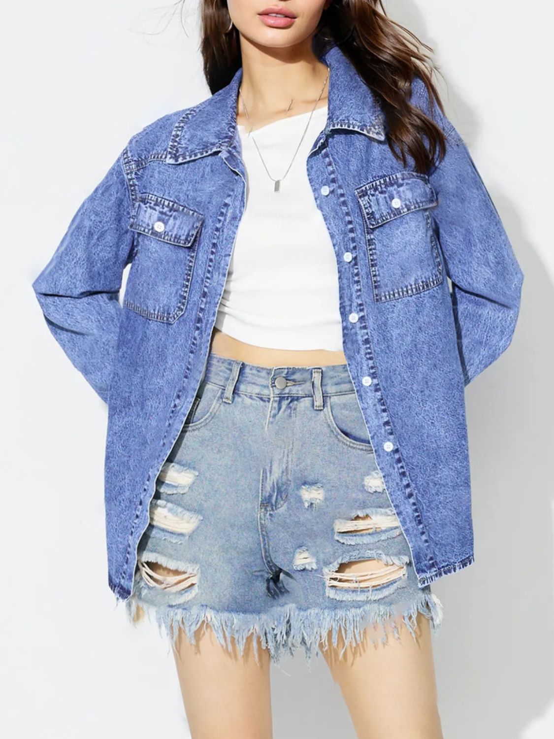 Curved Hem Collared Neck Denim Top-TOPS / DRESSES-[Adult]-[Female]-2022 Online Blue Zone Planet