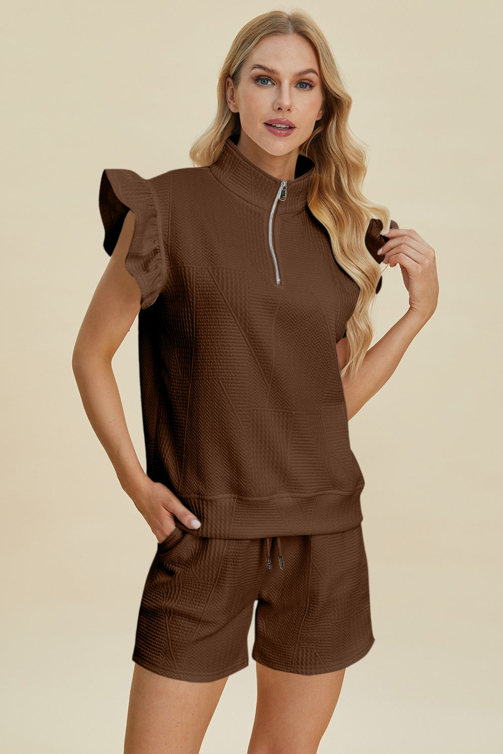 Double Take Full Size Texture Flounce Sleeve Top and Shorts Set-TOPS / DRESSES-[Adult]-[Female]-Brown-S-2022 Online Blue Zone Planet