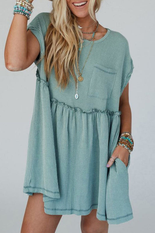 Canton Corded Knit Textured Patched Pocket Frilled Swing Mini Dress with Pockets-TOPS / DRESSES-[Adult]-[Female]-Canton-S-2022 Online Blue Zone Planet