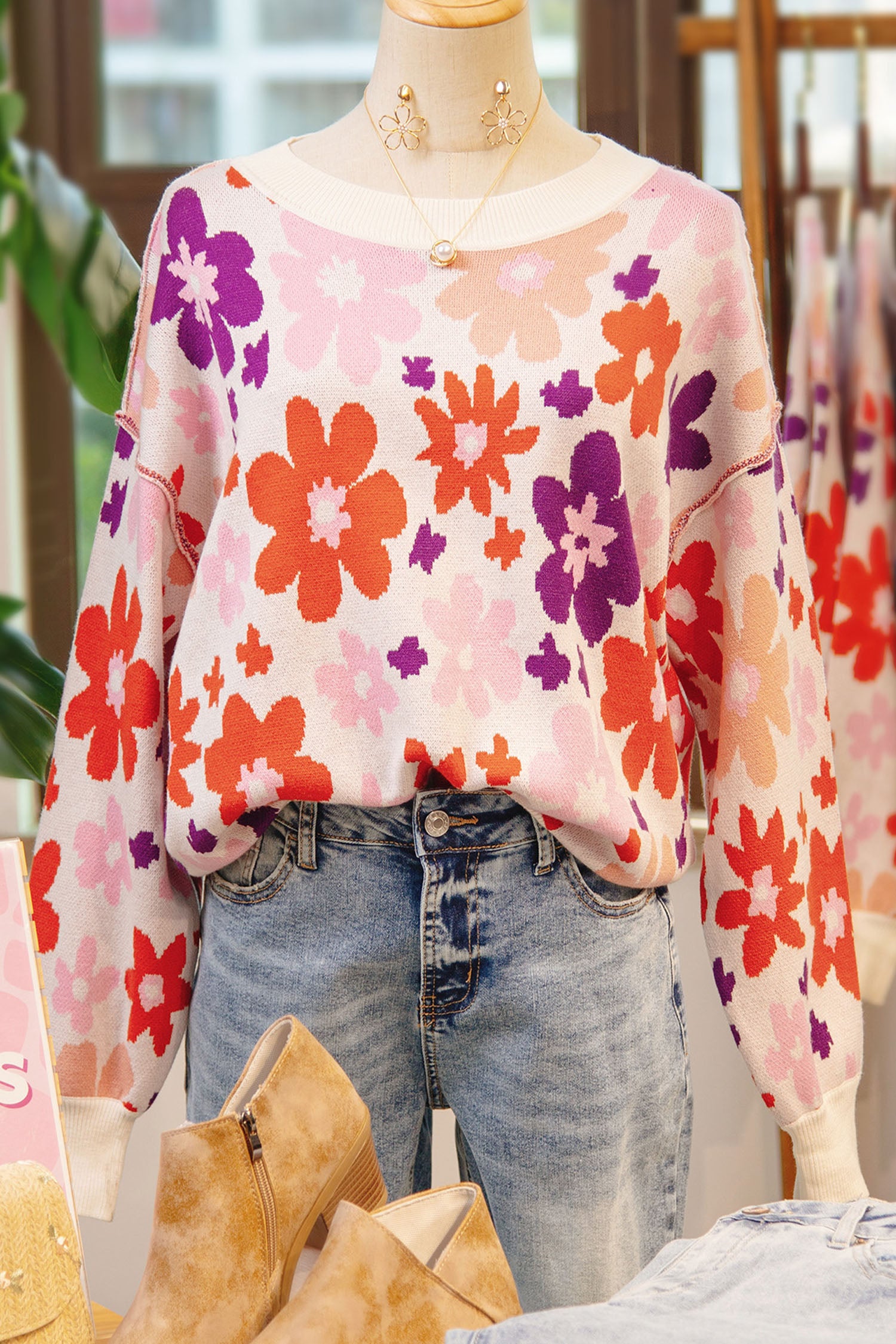 Khaki Fall Floral Pattern Drop Shoulder Sweater-TOPS / DRESSES-[Adult]-[Female]-2022 Online Blue Zone Planet