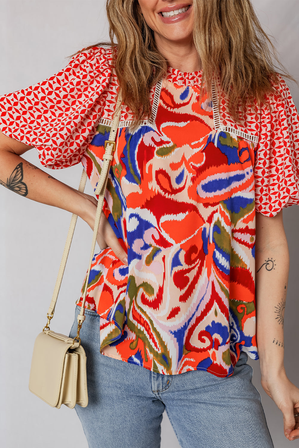 Red Paisley Geometric Mixed Print Patchwork Puff Sleeve Blouse Top-Tops/Blouses & Shirts-[Adult]-[Female]-2022 Online Blue Zone Planet