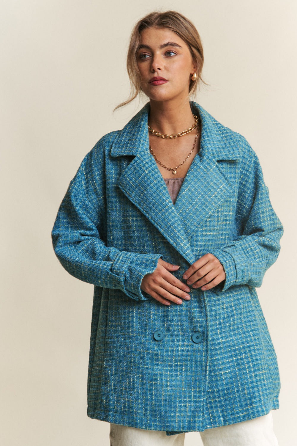 J.NNA Tweed Double-Breasted Long Sleeve Coat-TOPS / DRESSES-[Adult]-[Female]-Emerald Sea-S-2022 Online Blue Zone Planet