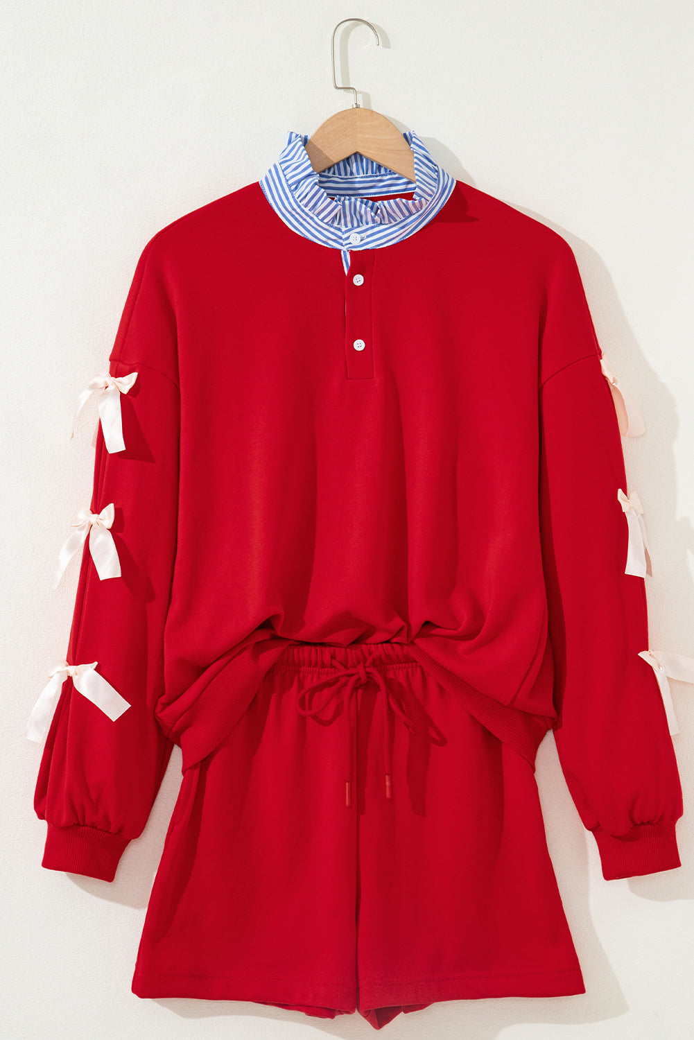 Racing Red Striped Collar Patchwork Satin Bow Sweatshirt and Shorts Set-Two Piece Sets/Short Sets-[Adult]-[Female]-2022 Online Blue Zone Planet
