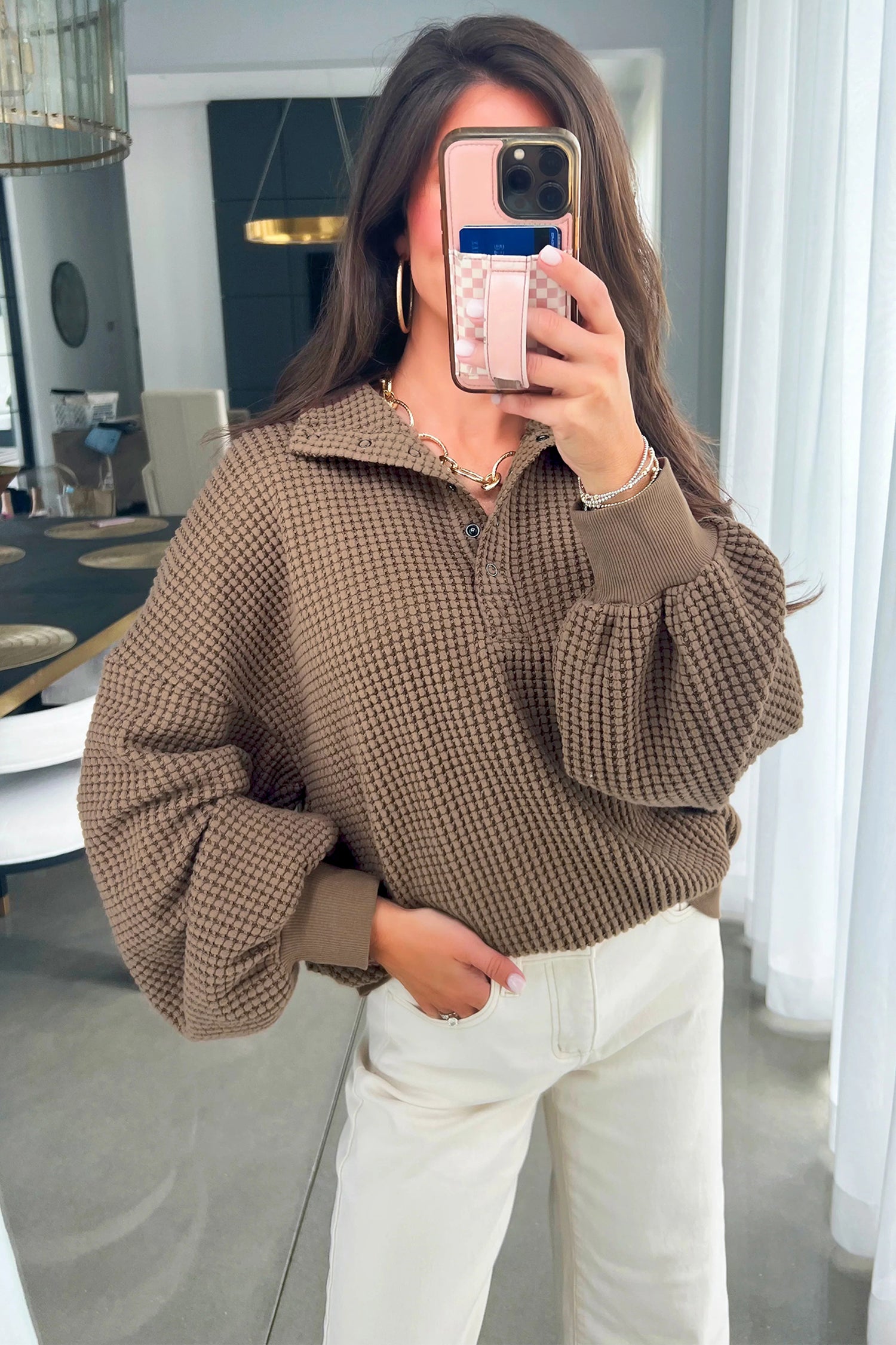Casual Solid Color Textured Snap Button Collared Baggy Top-Tops/Long Sleeve Tops-[Adult]-[Female]-2022 Online Blue Zone Planet