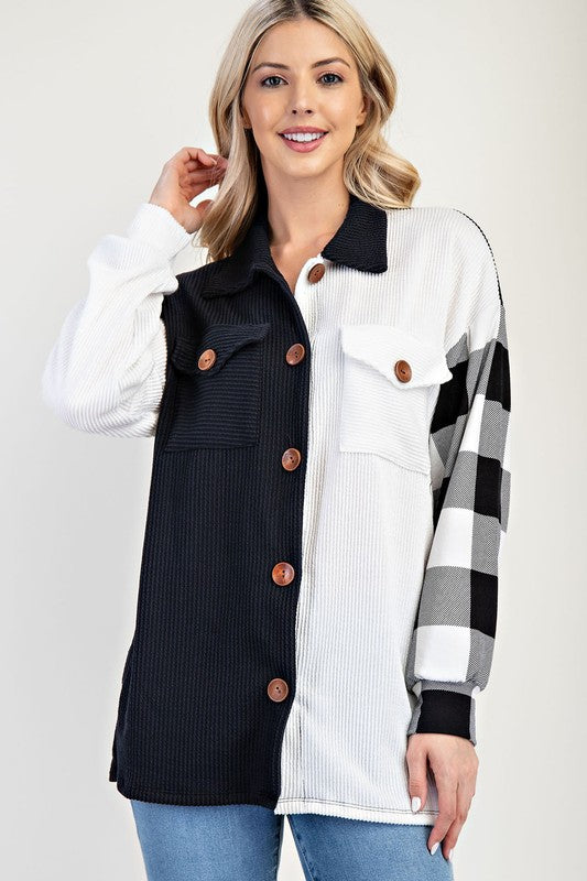 Blue Zone Planet | Celeste Full Size Plaid Contrast Button Up Shacket-TOPS / DRESSES-[Adult]-[Female]-2022 Online Blue Zone Planet