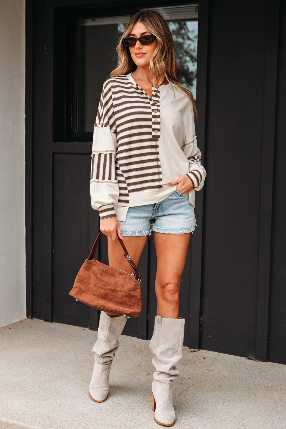 Khaki Stripe Stitched Detail Color Block Patchwork Oversized Pullover Top-Tops/Long Sleeve Tops-[Adult]-[Female]-2022 Online Blue Zone Planet