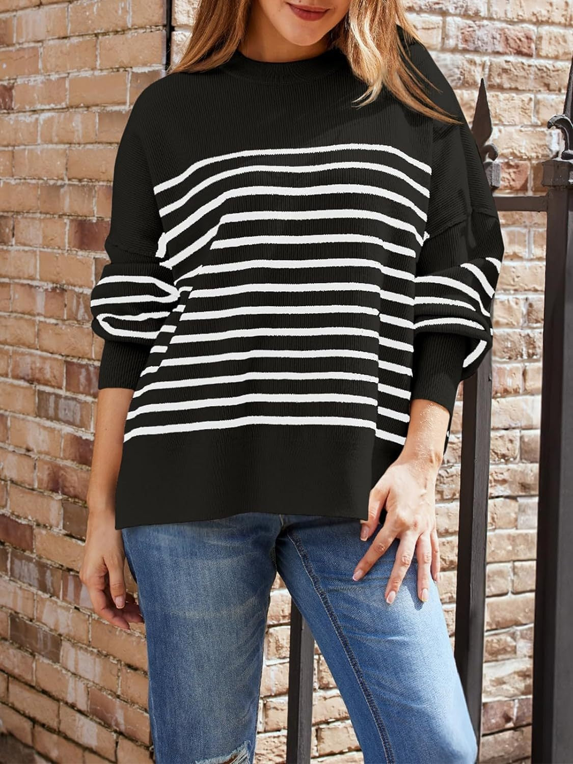 Blue Zone Planet | Striped Round Neck Long Sleeve Sweatshirt-TOPS / DRESSES-[Adult]-[Female]-Black-S-2022 Online Blue Zone Planet