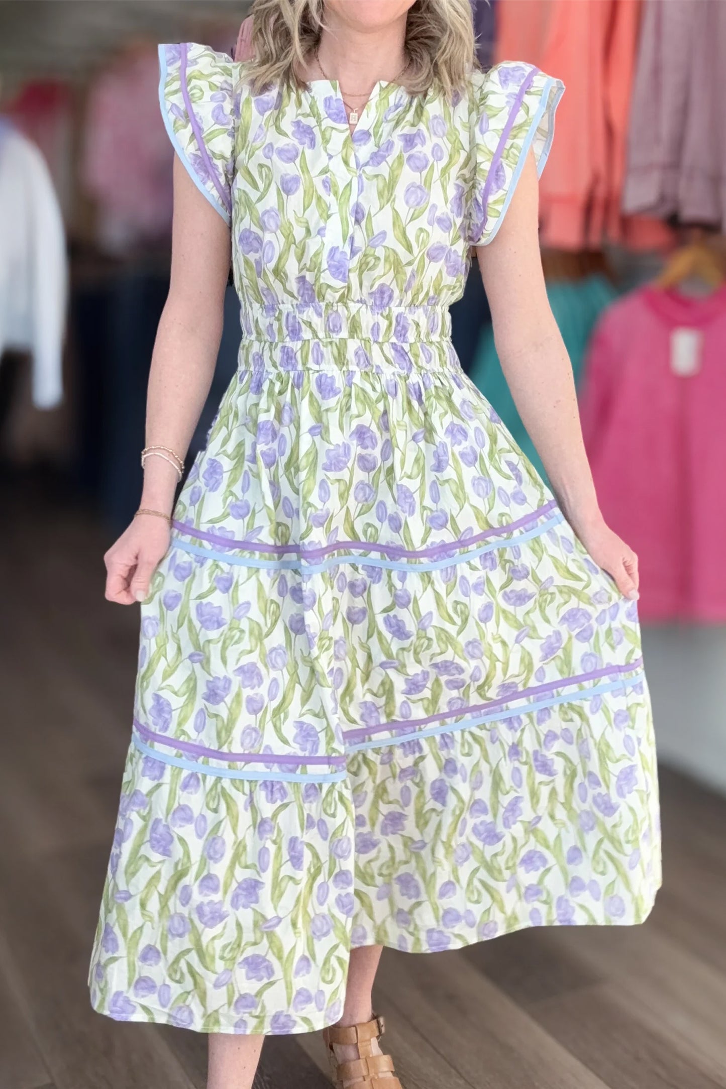 Purple Tulip Floral Print Contrast Trim Midi Dress-TOPS / DRESSES-[Adult]-[Female]-2022 Online Blue Zone Planet